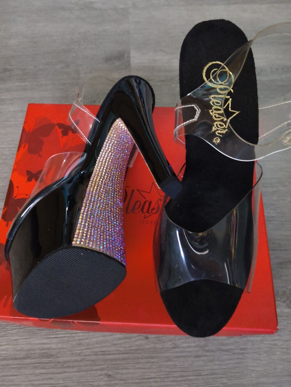 New In Box Pleaser Sky-308CRS Clear/Black-champagne Size 7